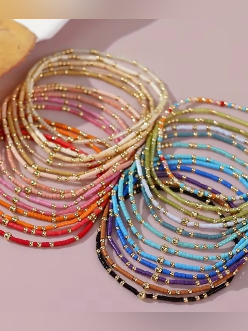 Multi-Color Gold Bead Seed Bead Stretch Bracelet - 5PC Set